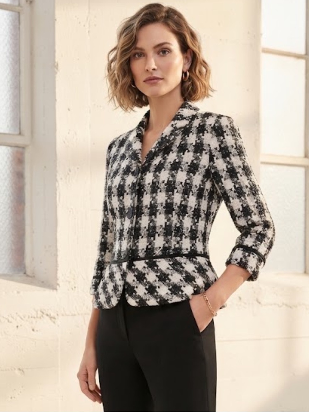 Vintage Talbots Classic Silk Houndstooth Metallic Tweed Button Front Blazer